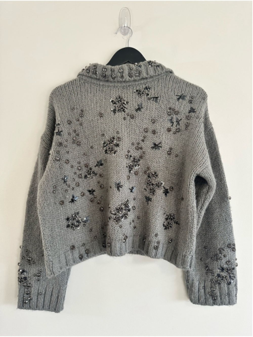 Pilcro Embellished Floral Collared Cardigan Sweater Grey Medium Anthropologie - Picture 4 of 14